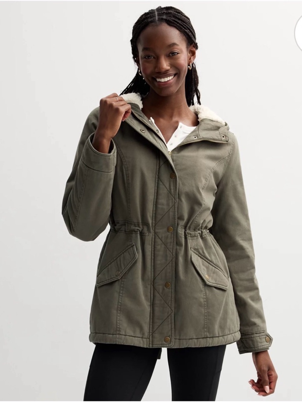 Sebby Olive Green Hooded Sherpa Jacket